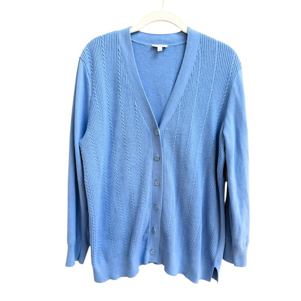 Talbots Light Blue Cable Knit Cardigan Sweater Size Large Classic Casual Cotton